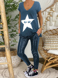 Fashion Casual Loose Star Top Sequin Pants Set