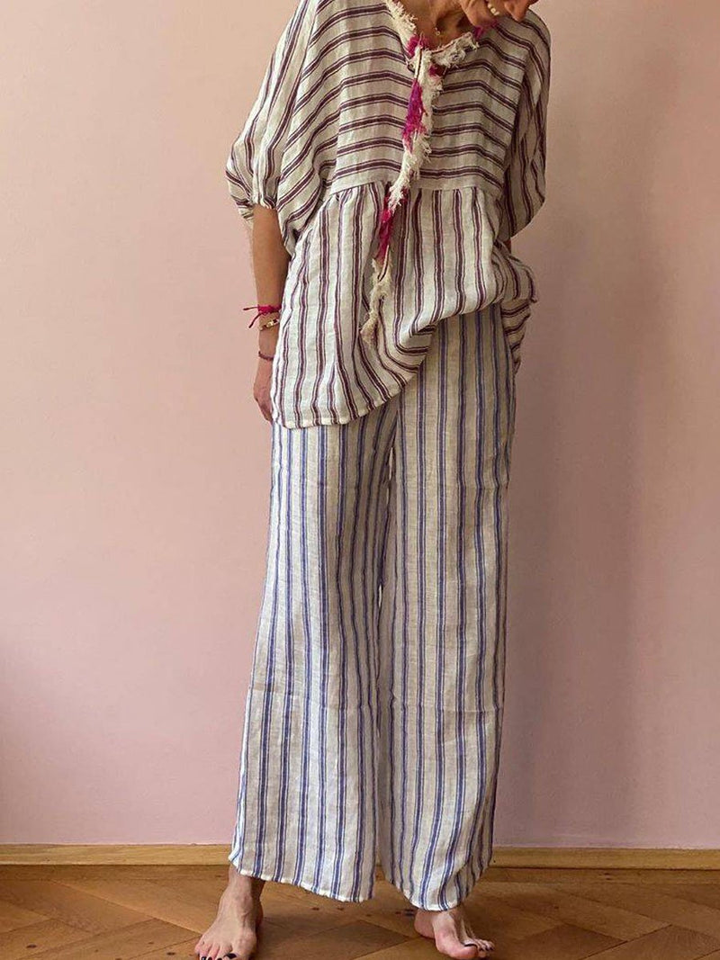 Round Neck Striped Casual Suit