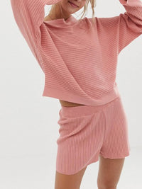 Mix Match Knitted Rib Off Shoulder Long Sleeve Top Shorts Two-Piece