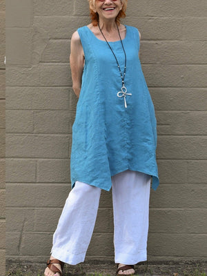 Linen W Hem Vest Top And Solid Color Casual Trouser Suit