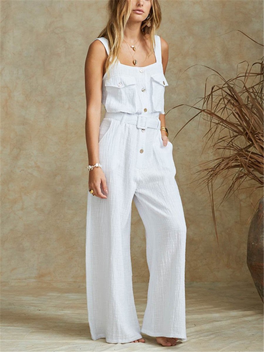 Sexy Fashion Solid Color Decorative Button Jumpsuits