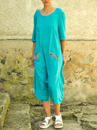 Women Crew Neck Mid Sleeve Loose Jumpsuit with Pocket