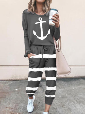 Anchor Printed Striped Drawstring Top and Pants Set