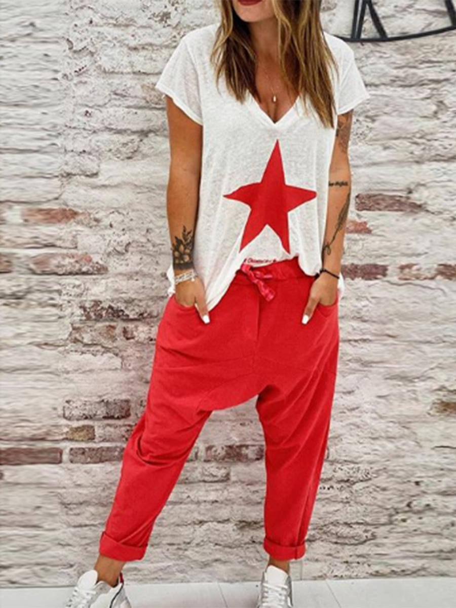 Casual Loose Star Print Short Sleeve Two-piece Suit