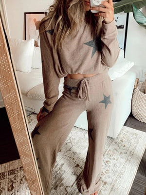 Casual Star Print Top and Drawstring Wide-leg Slacks Suit