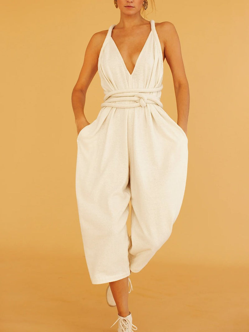 Women's Fashion White Loose Cropped Jumpsuit