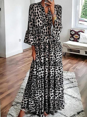 Leopard Printed V-Neck 3/4 Sleeve Loose Maxi Dress