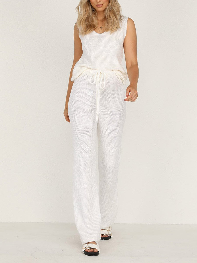 Simple Casual Loose V-Neck Top Pants Set