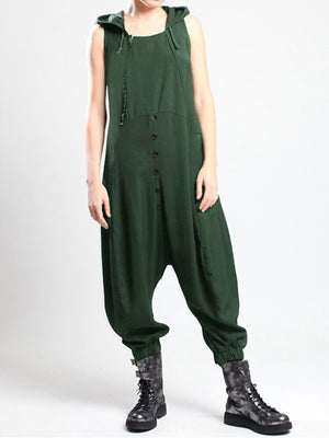 Casual Sleeveless Button Side Pocket Harem Pants Jumpsuit