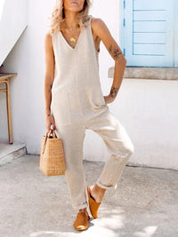 V-neck Sleeveless Solid Color Jumpsuit