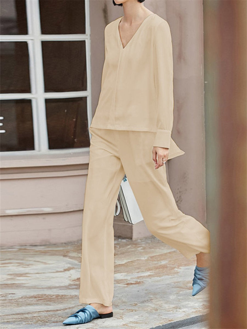 Simple Casual Loose And Comfortable V Neck Top Pants Suit