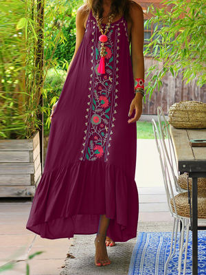 Women Bohemian Printed Straps Ruffles Hem Holiday Maxi Dress