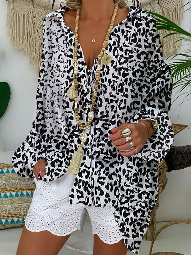 Women's Leopard Vacation Deep V Collar Blouse Shorts Suit