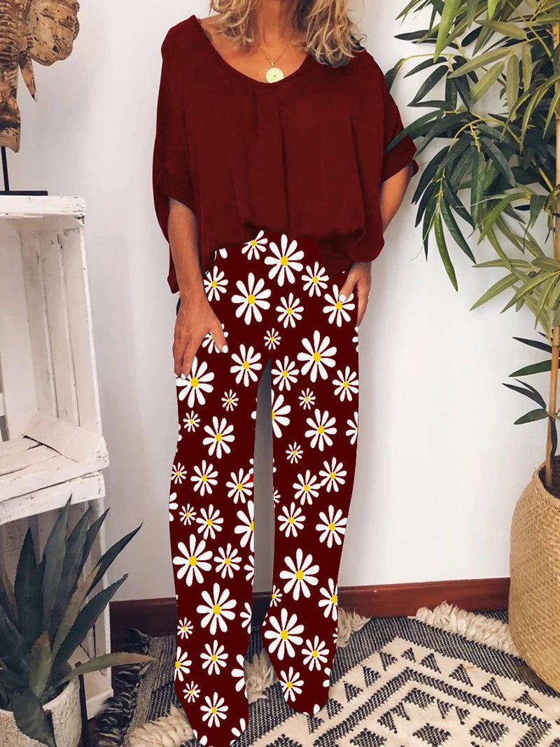 Casual Loose Floral Pants Top Suit