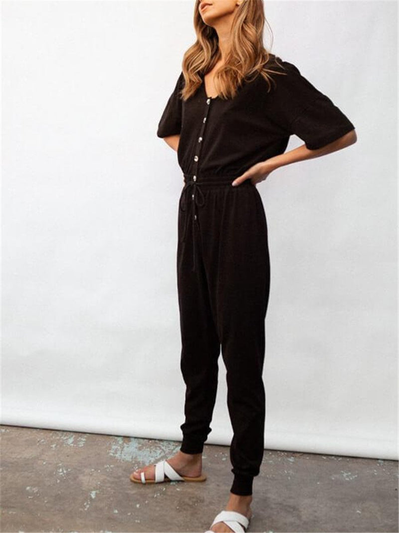 Comfortable Casual Solid Color V Neck Button Jumpsuits