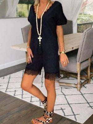 V-Neck Short Sleeve Lace Trim Jumpsuit