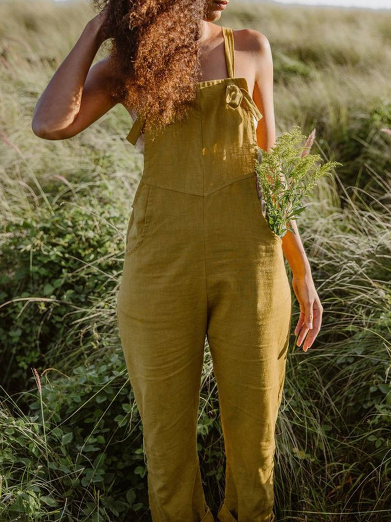 Linen Overalls Casual Jumpsuit with Pocket