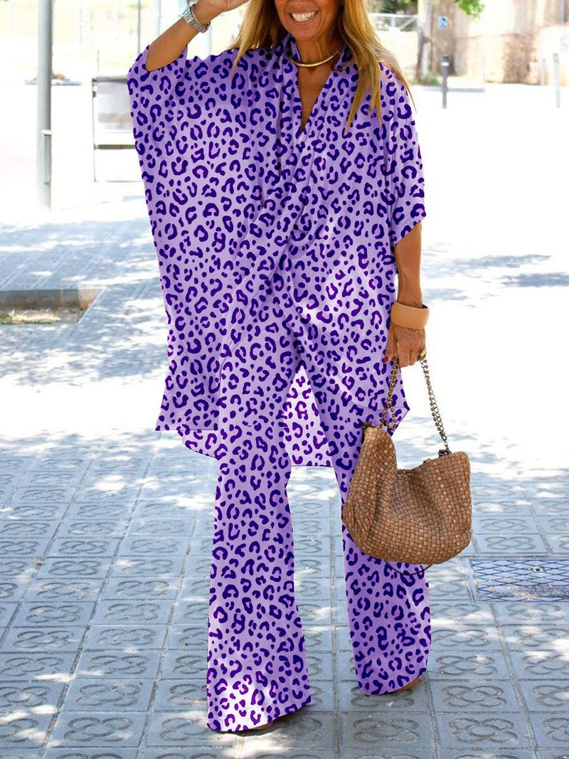 Retro Casual Loose V Neck Top Pants Leopard Print Suit