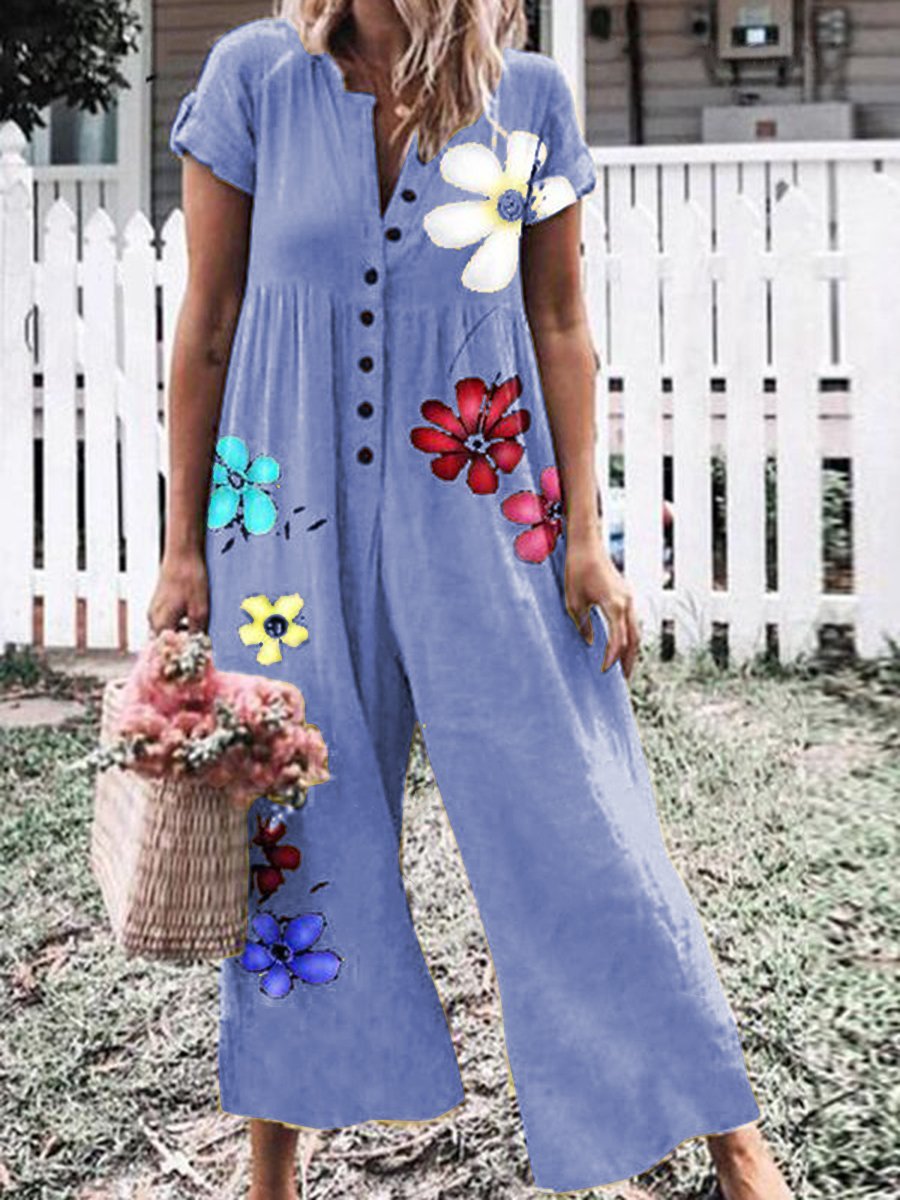 Romantic Pastoral Floral Casual Loose Jumpsuit