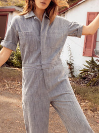 Fashion Strip Casual Short Sleeve Pocket Jumpsuit