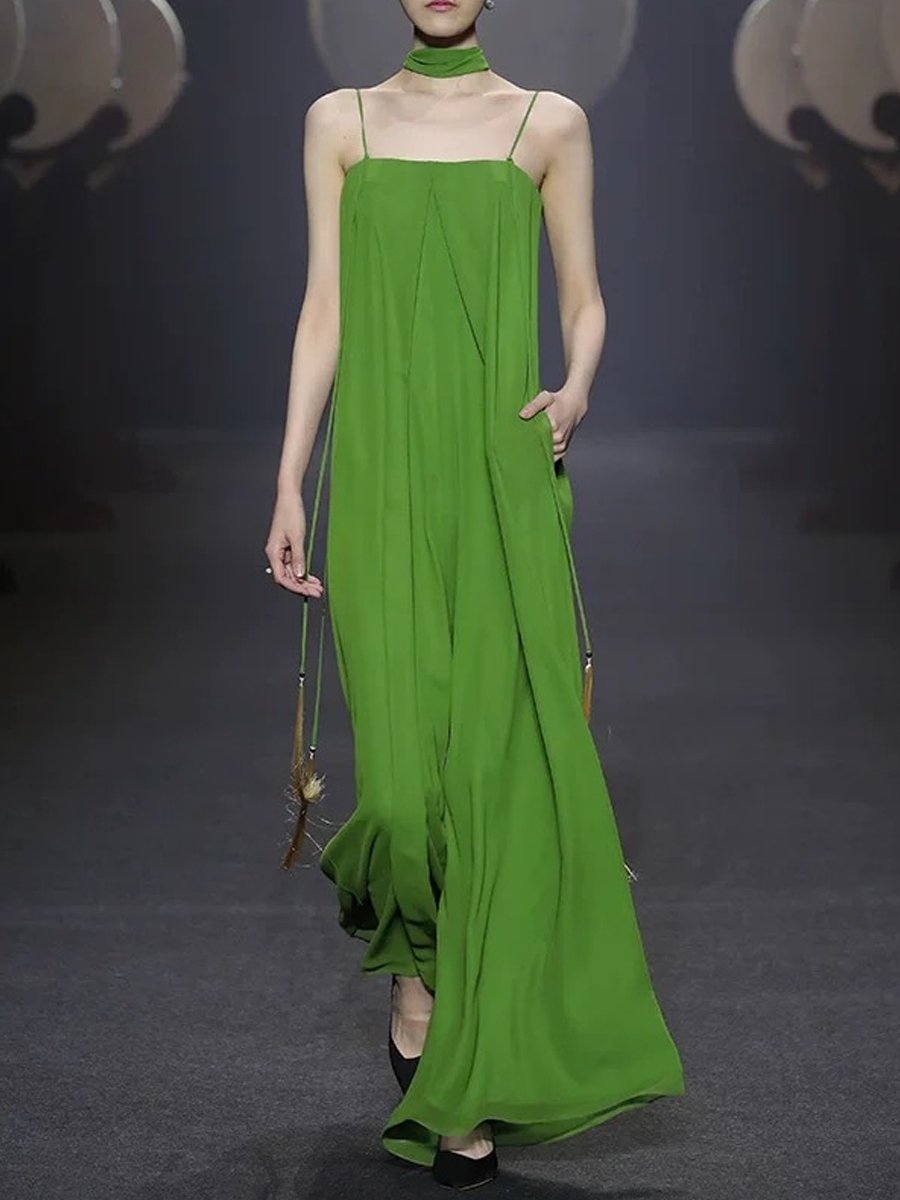 Women's Green Chiffon Pleated Loose Jumpsuit