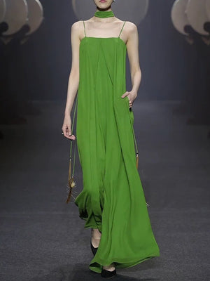 Women's Green Chiffon Pleated Loose Jumpsuit