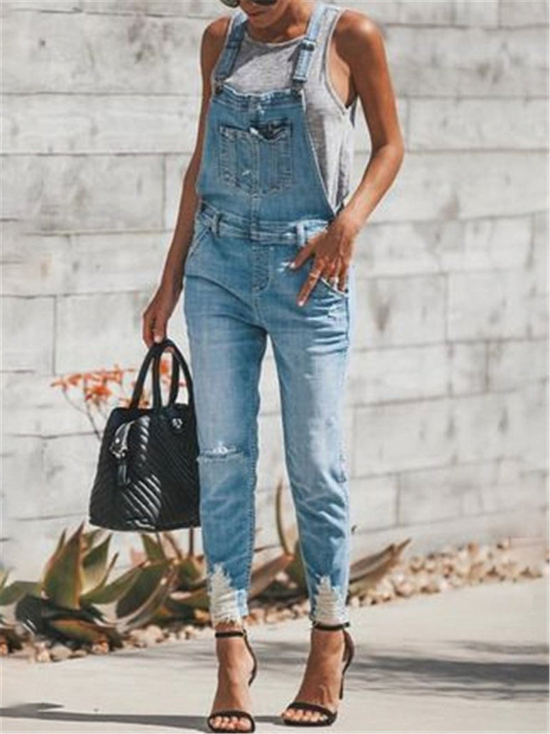 Trendy Ripped Raw Pocket Solid Color Denim Jumpsuit