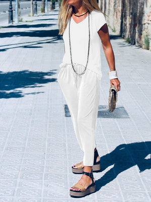 Simple casual loose short sleeve top pants suit