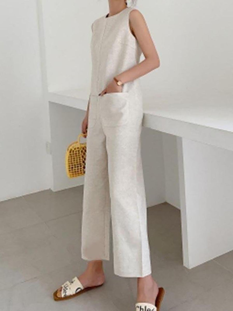 Solid Paneled Sleeveless Pockets Casual Jumpsuit