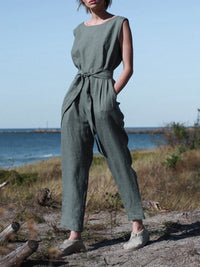 Casual Round Neck Sleeveless Solid Color Jumpsuits