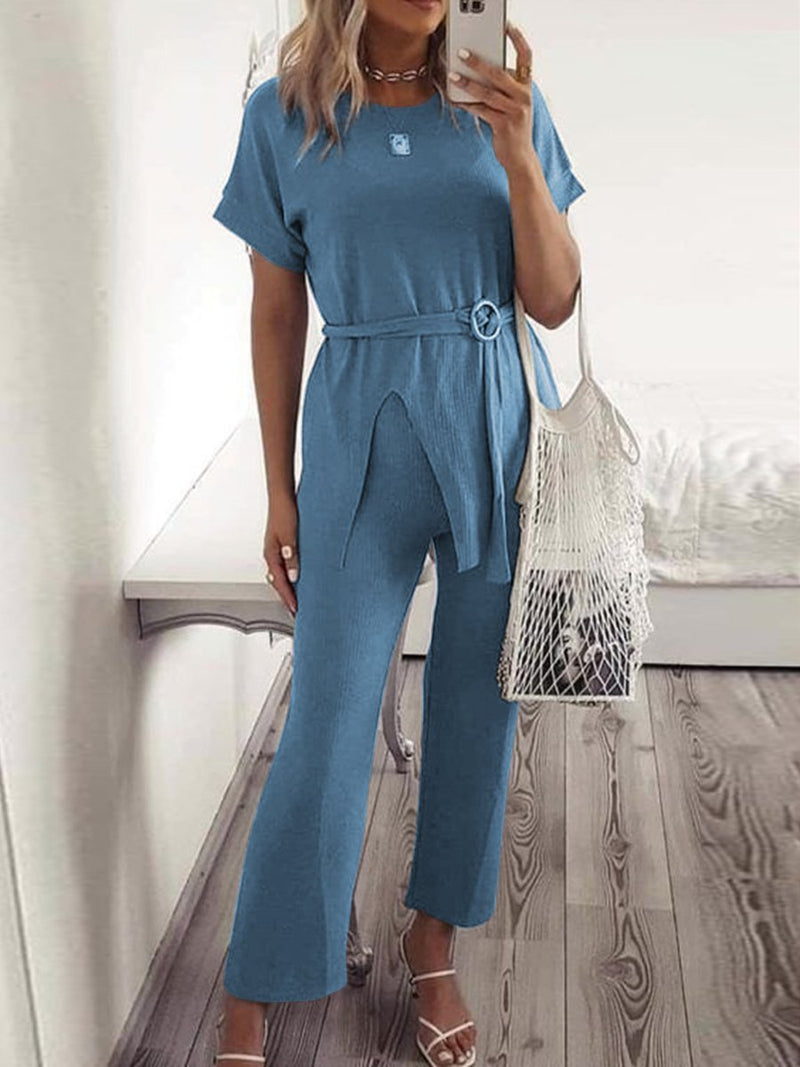 Casual Loose Solid Color Round Neck Short Sleeve Two-piece Suit