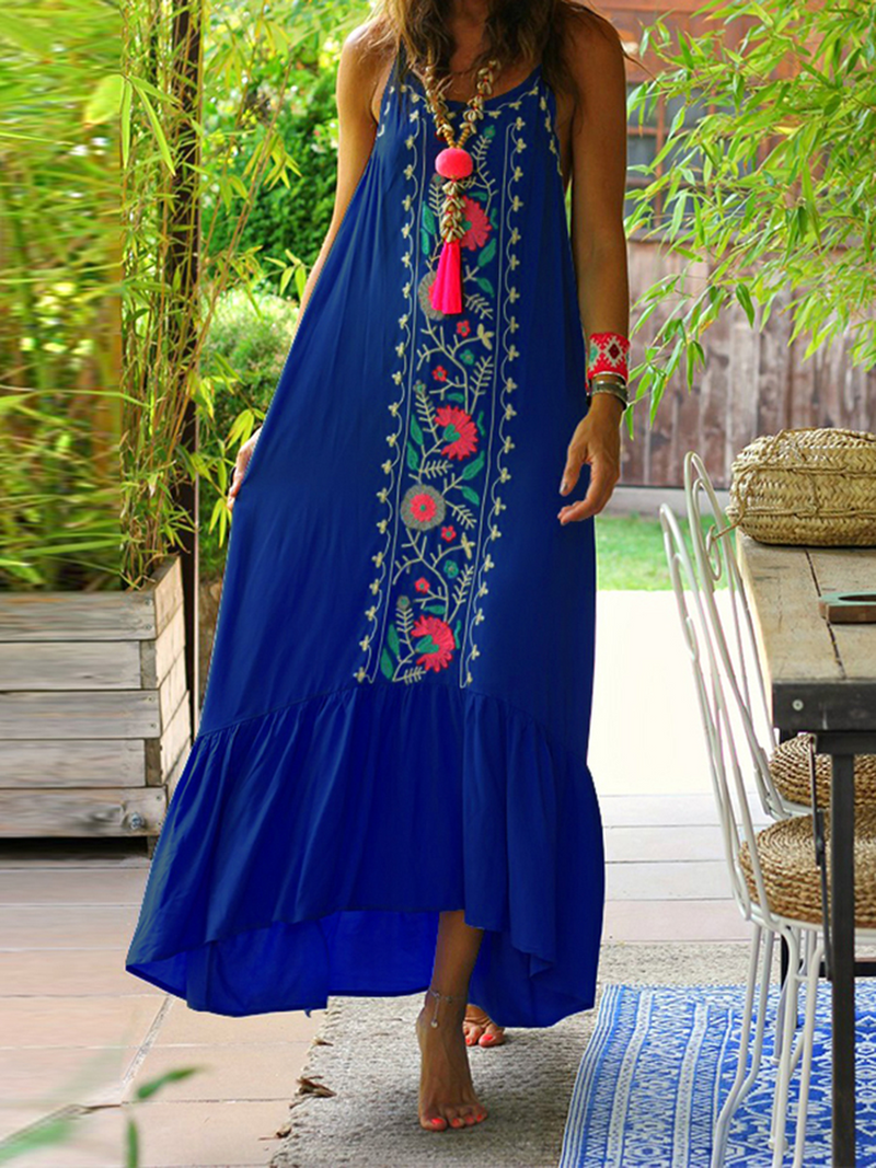 Women Bohemian Printed Straps Ruffles Hem Holiday Maxi Dress