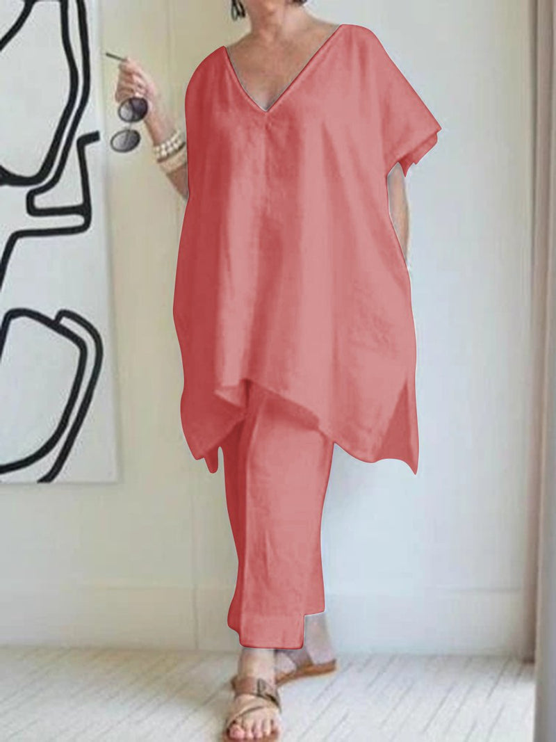 V-neck Solid Color Bat Wing Short Sleeve Suit