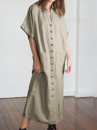 Women V-Neck Batwing Sleeve Buttons Loose Maxi Dress