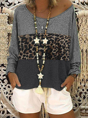 Women's Leopard Print Long Sleeve T-Shirt And Solid Color Shorts Set