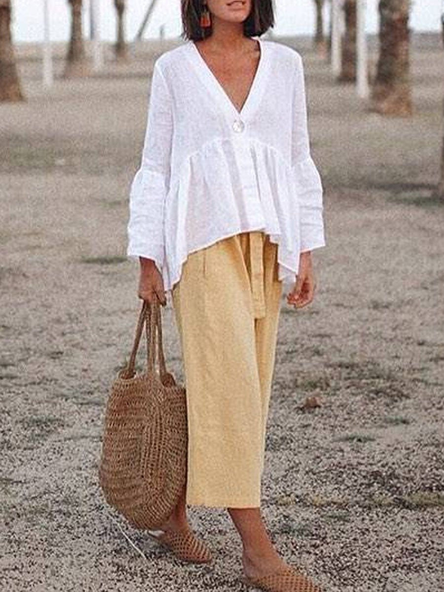 V-neck Wide-leg Pants Cotton and Linen Suit