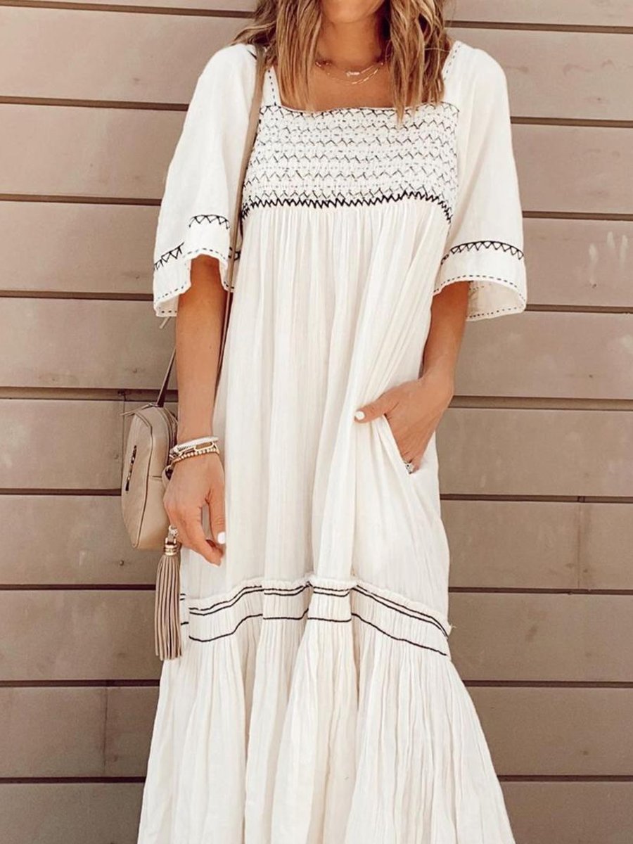 White Square Neck Loose Print Pleated Short Sleeve Dress