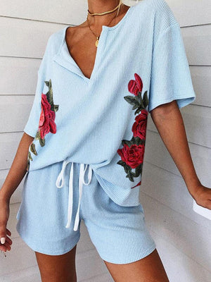 Fashion Floral Print V-neck Casual Suit