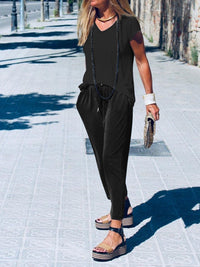 Simple casual loose short sleeve top pants suit