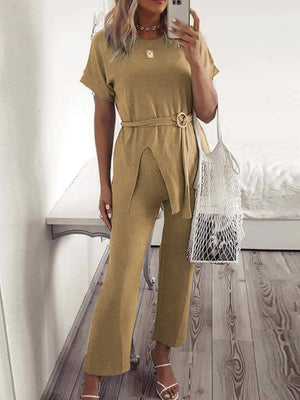 Casual Loose Solid Color Round Neck Short Sleeve Two-piece Suit