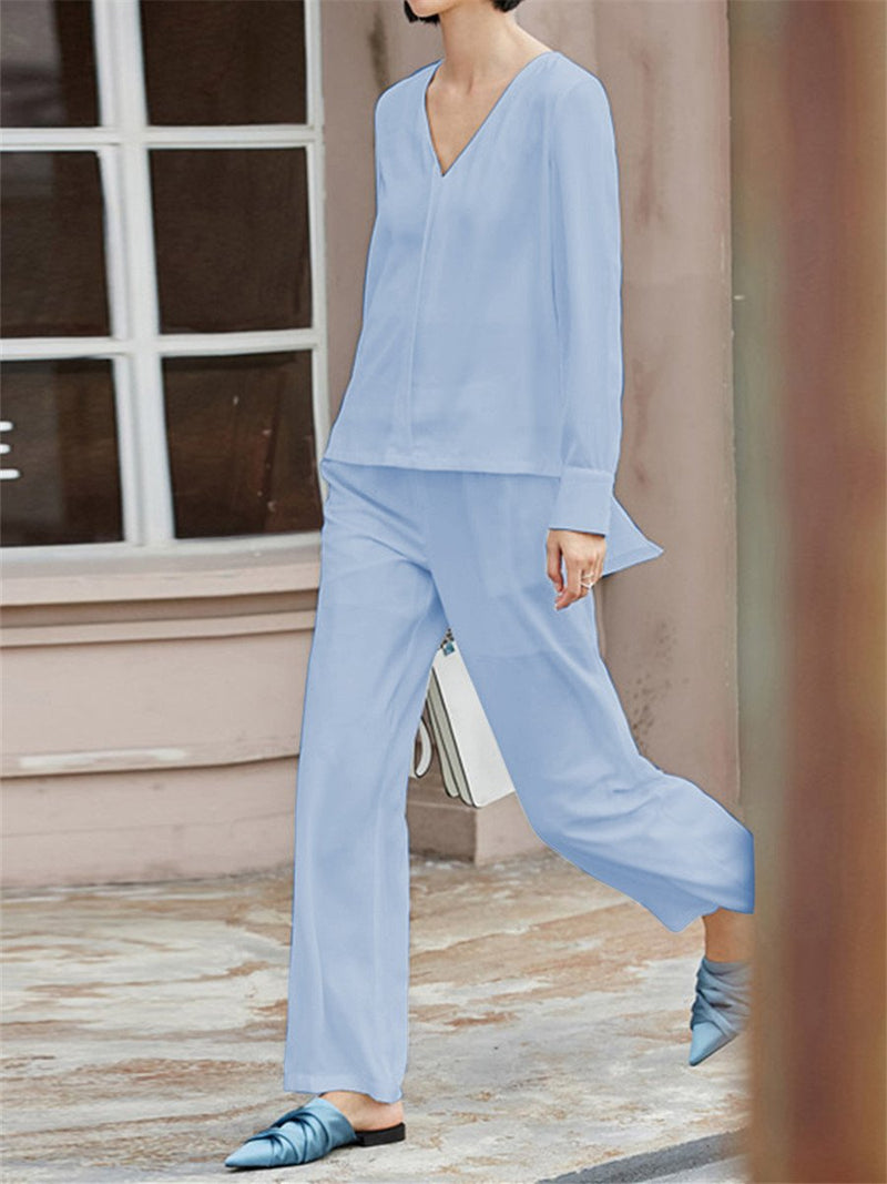 Simple Casual Loose And Comfortable V Neck Top Pants Suit