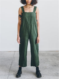 Fashion Solid Color Cotton Linen Collar Jumpsuits