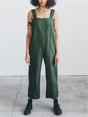 Fashion Solid Color Cotton Linen Collar Jumpsuits