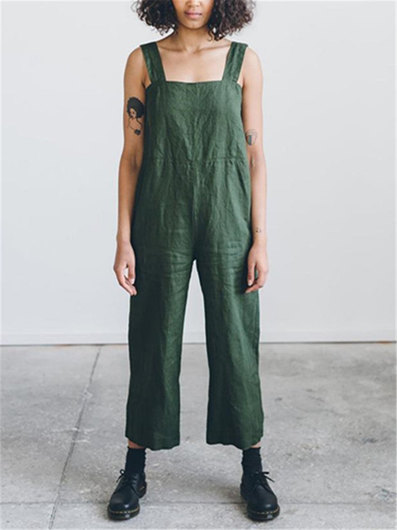 Fashion Solid Color Cotton Linen Collar Jumpsuits