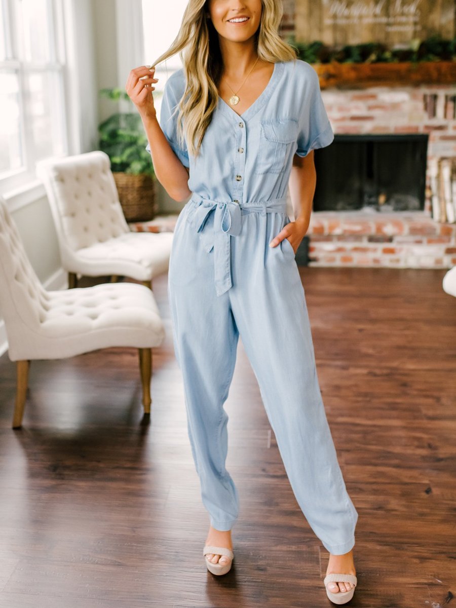 Women V-neck Lace-up Short Sleeve Jumpsuit