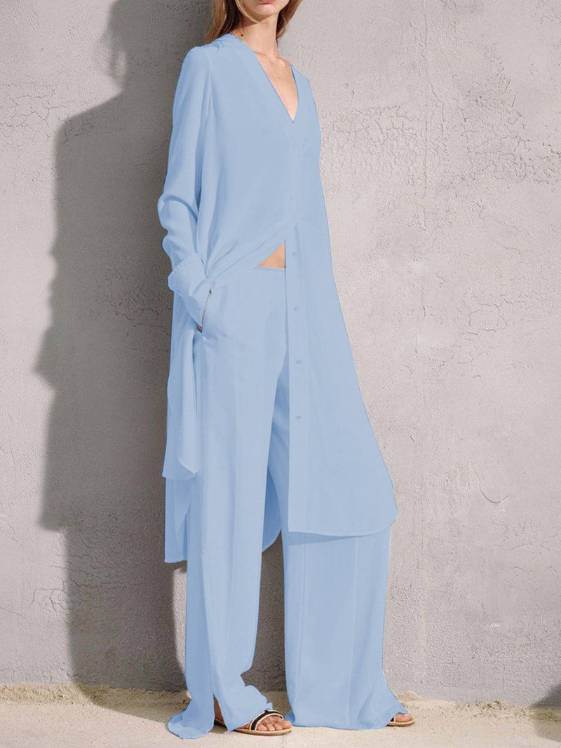 Stylish V-Neck Long Sleeve Long Loose Shirt With Wide Loose Fork Trousers Women'S Suit