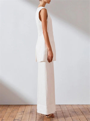 Solid Color Simple V Neck Sleeveless Wide Leg Pants Suit