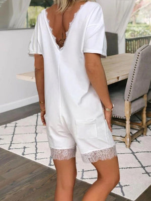 V-Neck Short Sleeve Lace Trim Jumpsuit