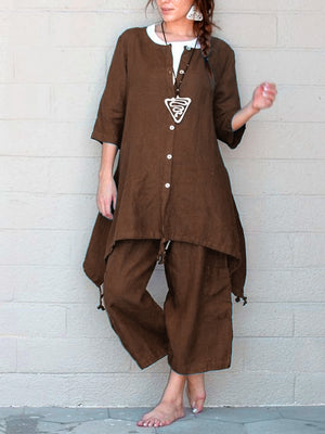 Women's Casual Solid Color Buttoned Linen Suit