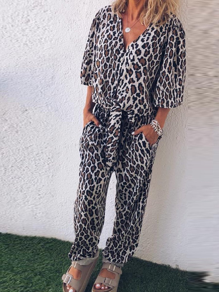 Retro Casual Loose V-Neck Short-Sleeved Shirt Pants Leopard Print Suit